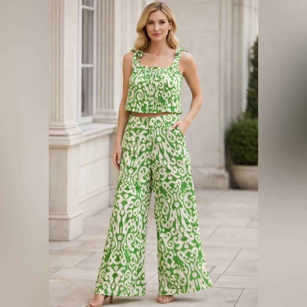 Rose & Olive 2 piece Green and White women wide leg crop top boho resort suit